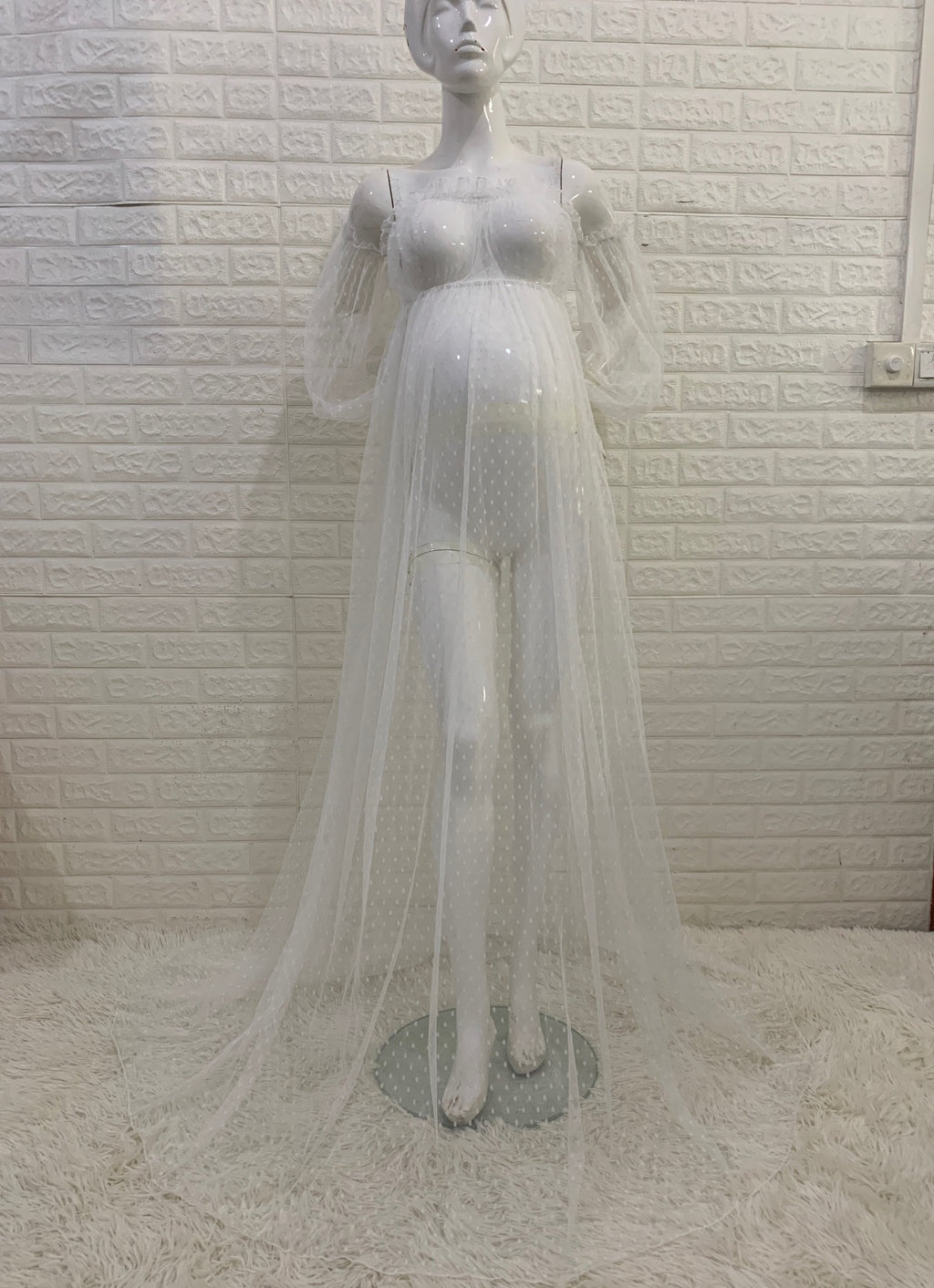 Dot Mesh Hors-épaule Puff Sleeve Femmes enceintes Robe de mapping