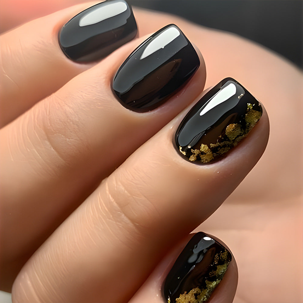 Stickers 24 Pièces de Nail Acrylique Carré Court - Black False Nails avec Foil Or et Gli