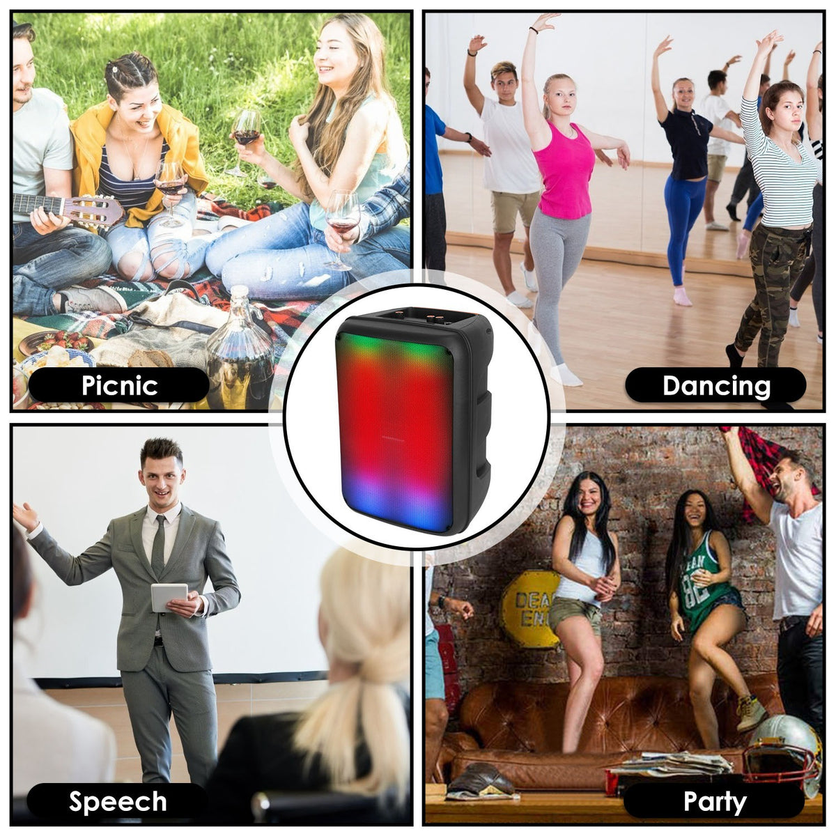 1Pc Portable Wireless Party Speaker 8in Colorful Lights Système DJ PA avec fonction TWS FM