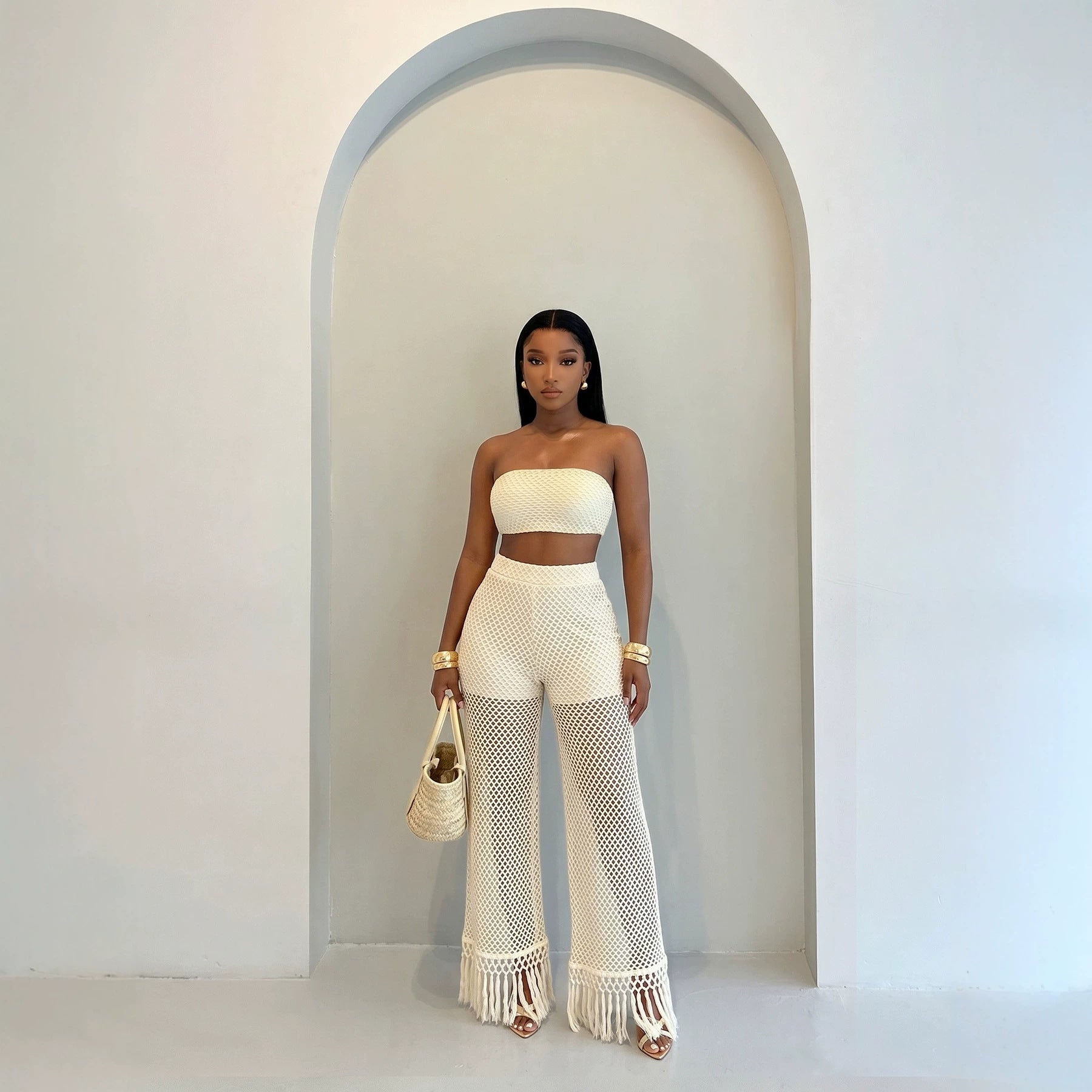 Fashionable femmes Voir-through Hollowed-Out Pantalons et tricoted tube Top Set