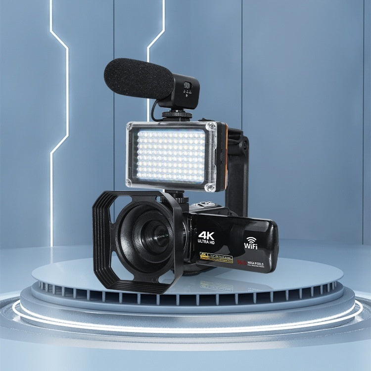 Caméscope numérique 4K avec un microphone coupe-vent et lumière de remplissage