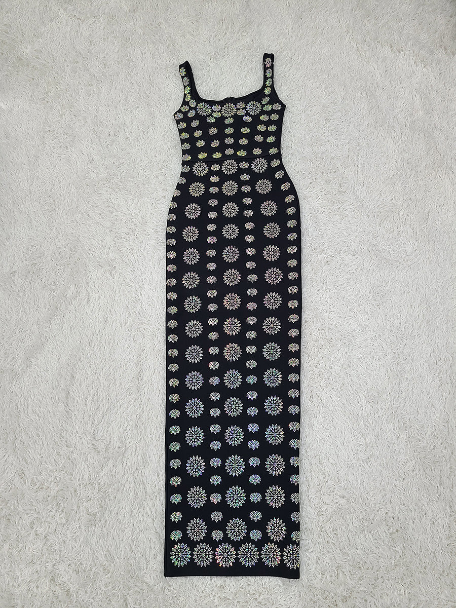 Robe de soirée à col U noir sans manches Strass Élégante robe de bandage mince