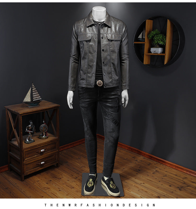 Manteau en cuir à manches longues pour homme