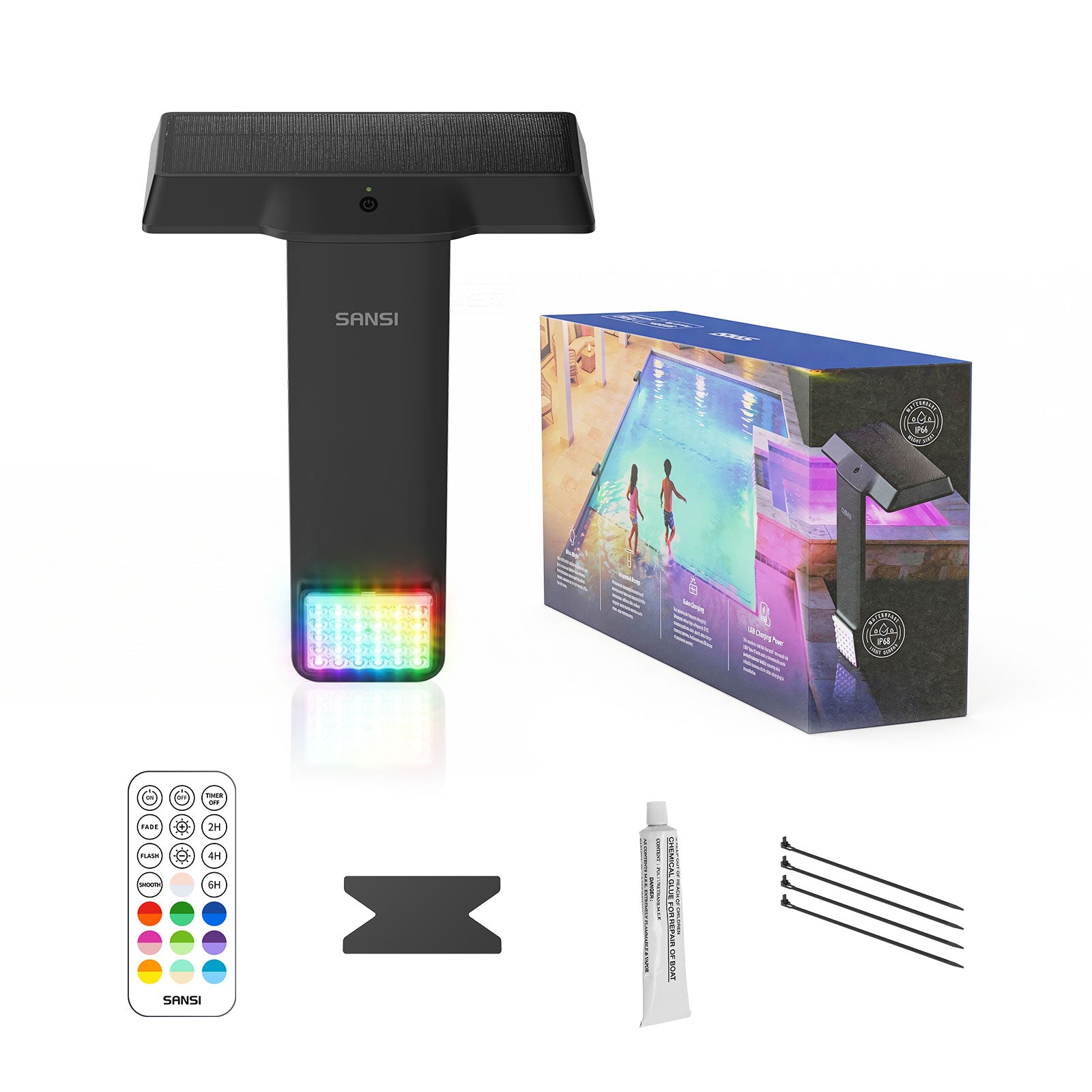 SANSI Solar Poolside RGB Light avec télécommande rechargeable IP68 Waterproof Pool Light pour Ing
