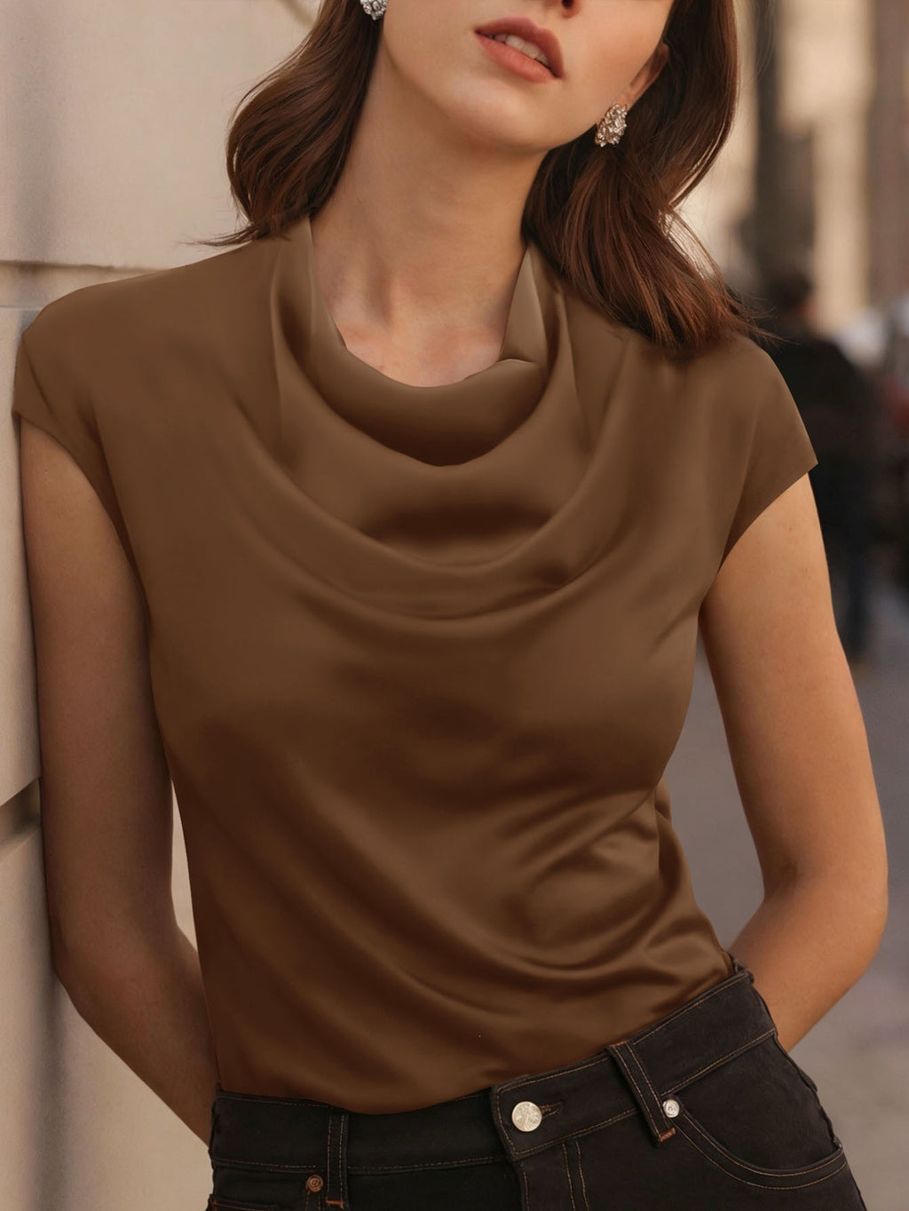 Ebay Commerce extérieur Élégant commuter satin col tortue manches courtes T-shirt élégant Slim-Fit