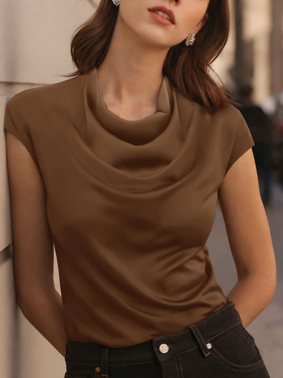 Ebay Commerce extérieur Élégant commuter satin col tortue manches courtes T-shirt élégant Slim-Fit
