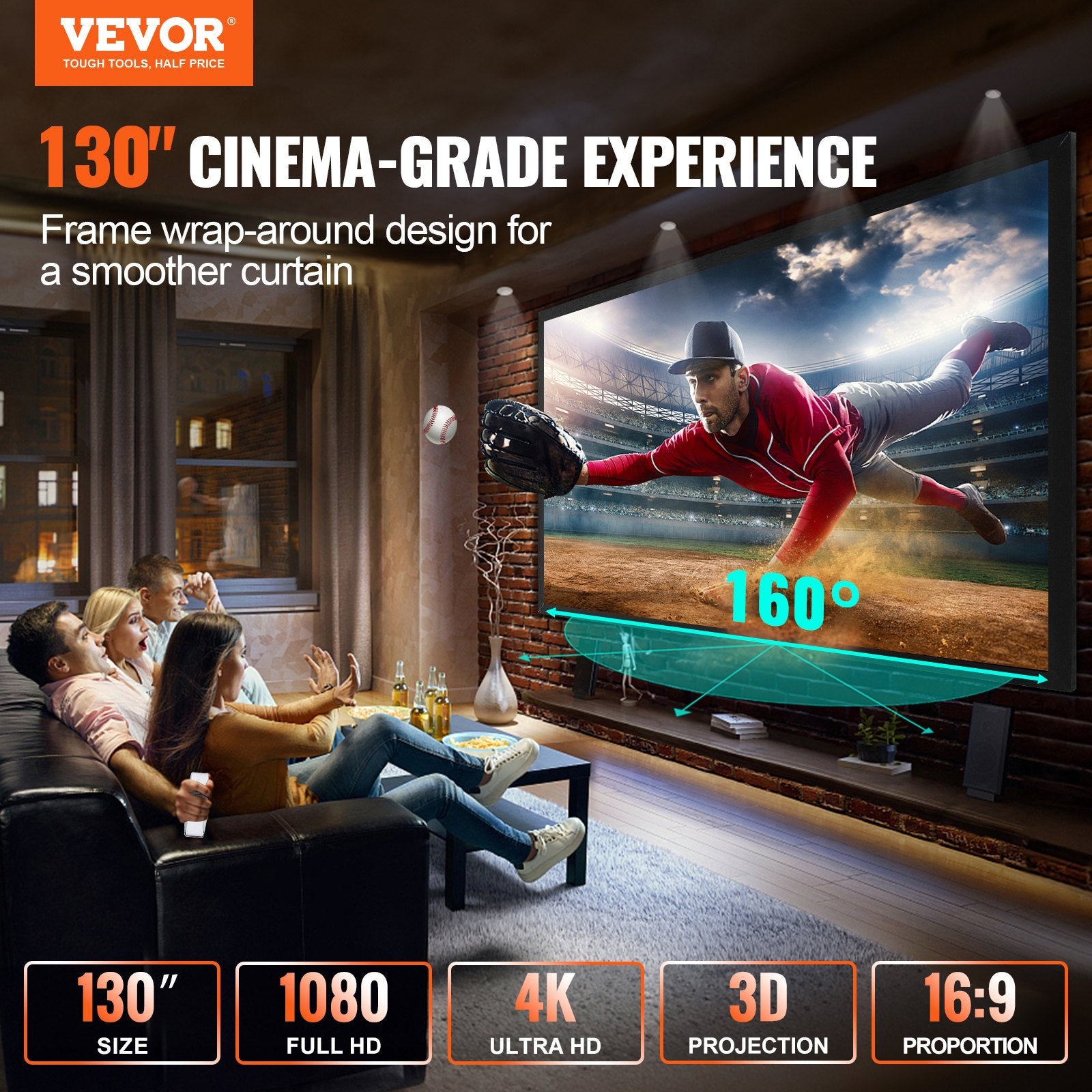 Projecteur Écran fixe 130inch Diagonal 16:9 Projecteur de film écran 4K HD avec Alumi