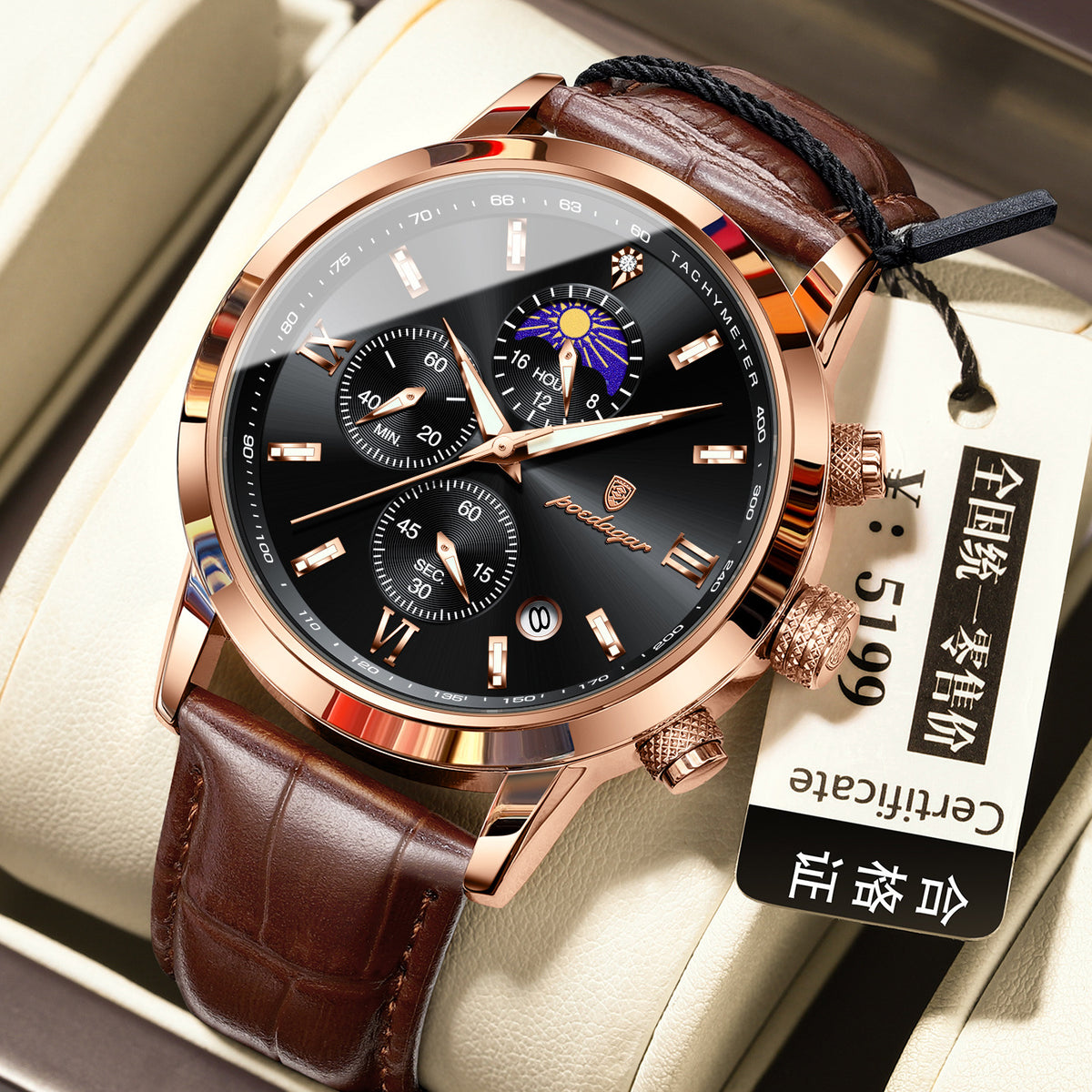 Men's watch with moon phase and multi-function chronograph