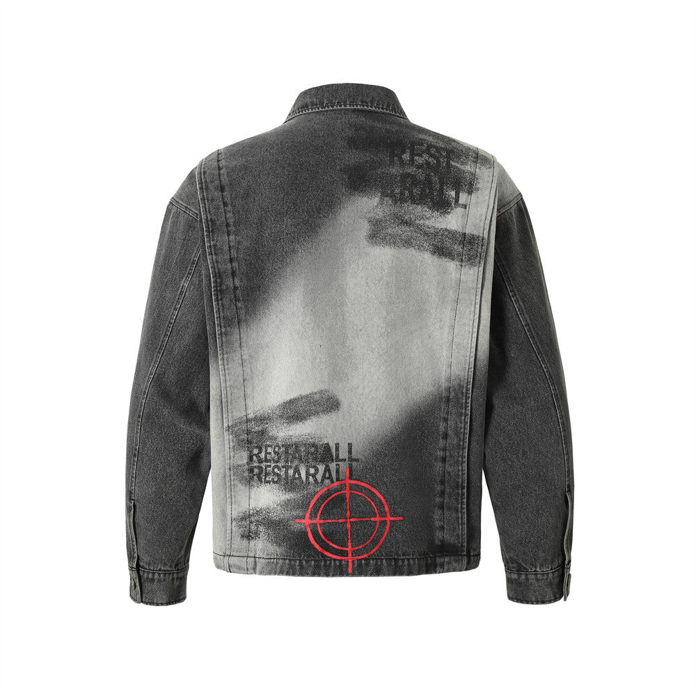 Dark Fun Abstract Demon Imprimé Veste Manteau Homme Punk Lourd Industrie Gradient Denim Cloth