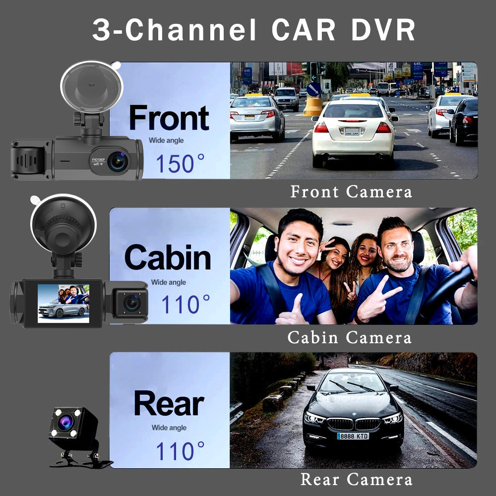 HD 1080p Enregistreur de conduite Trois lentilles Même affichage avec l'image réversible Téléphone mobile WIFI C
