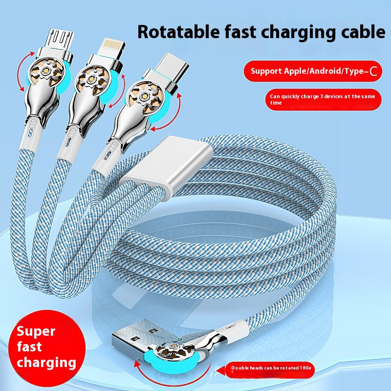Triple Rotating Fast Charging Data Cable in One for Three Mobile Phones Charging