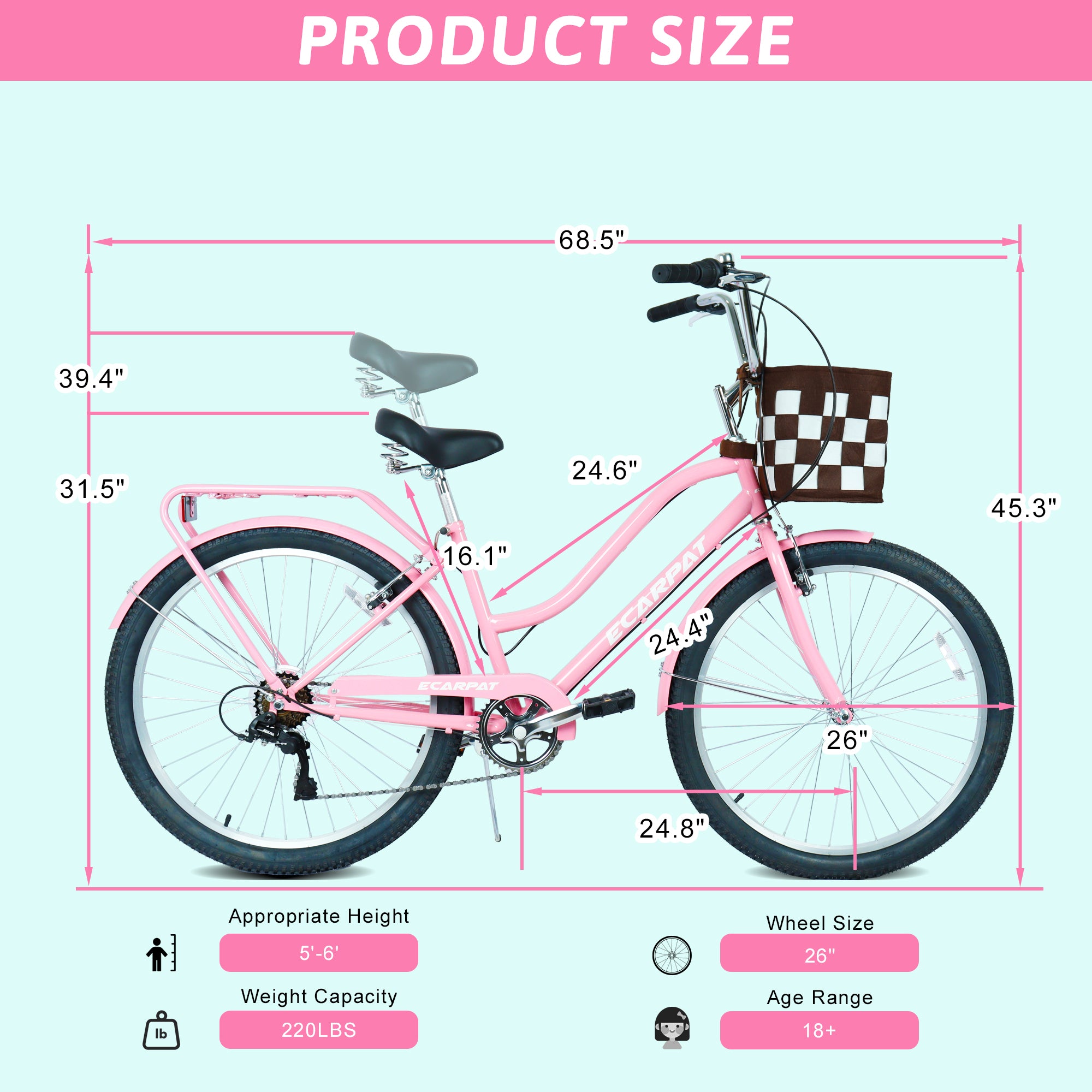 26 pouces vélo de navette de ville à 7 vitesses avec serrure et panier amovible Cadre en acier haute sensibilité