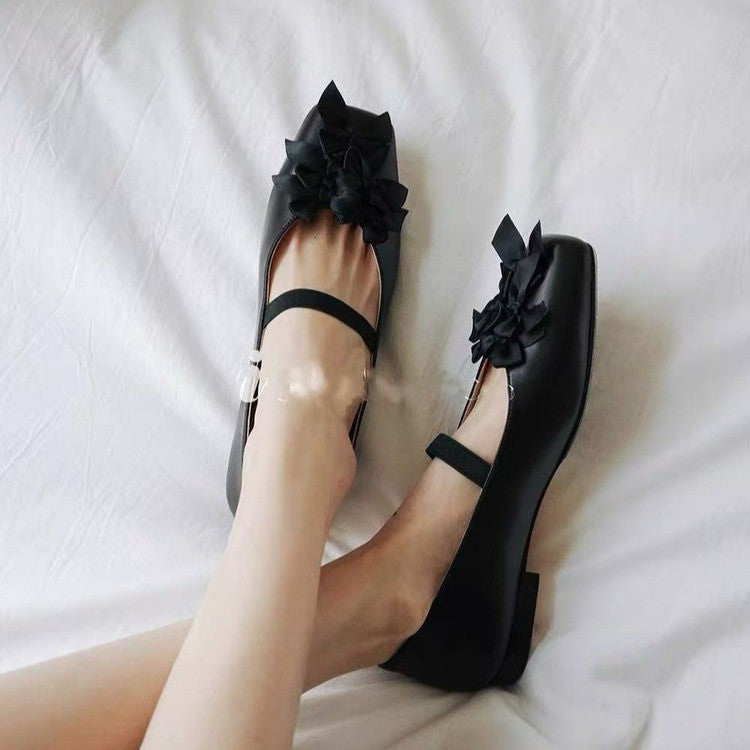Femmes Français Bow Square Toe Mary Jane Chaussures Elegant Block Talon Soft Sole Low Cut Ballet Fl
