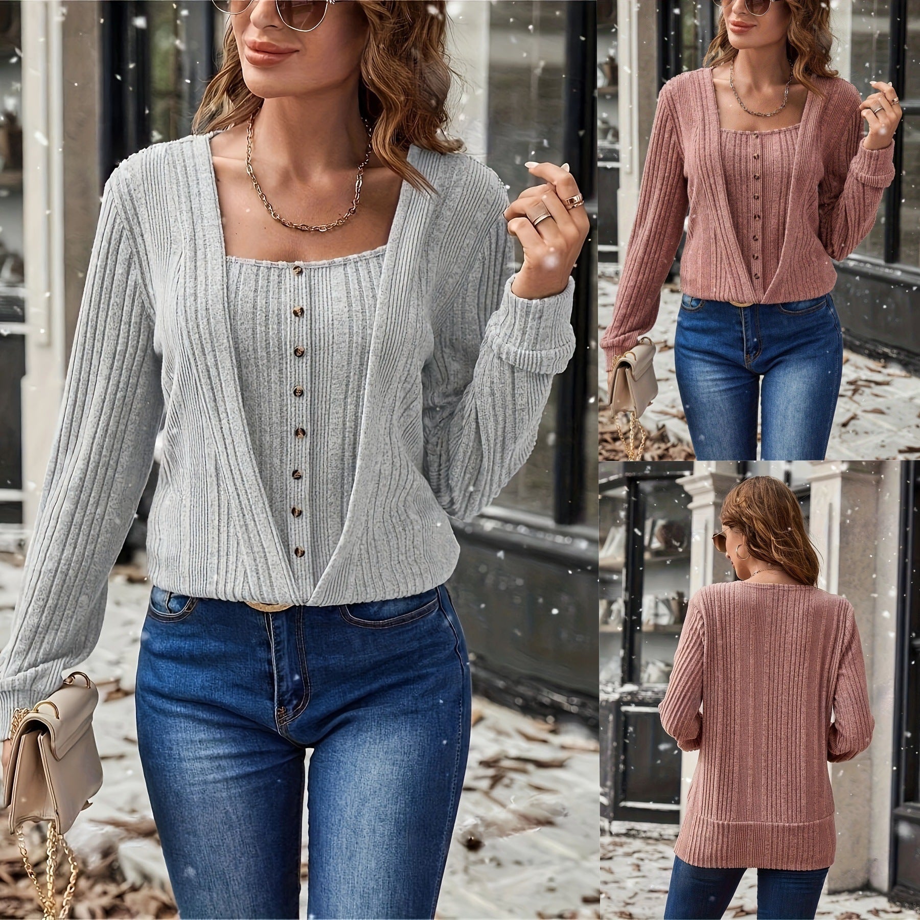 Printemps Automne Arrivée Casual Fashionable Relaxed-Fit Solid Couleur Bouton carré cou tricot T