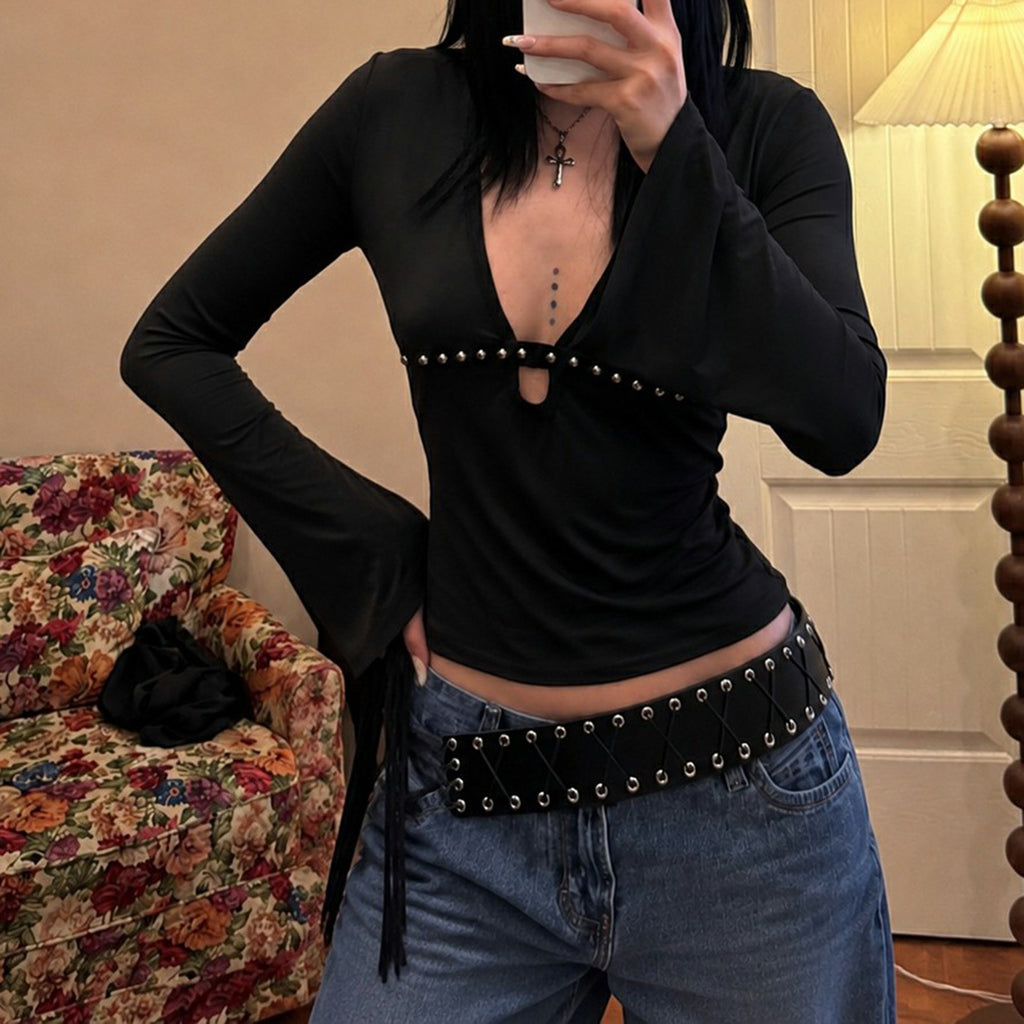 Dark Punk-style Deep V-neck Hollowed-out Studded Slim-fit Long-sleeved