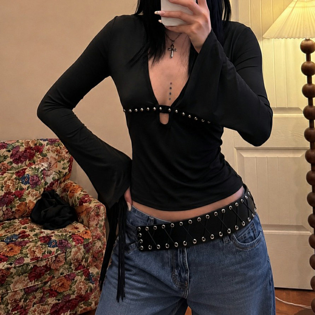 Dark Punk-style Deep V-neck Hollowed-out Studded Slim-fit Long-sleeved