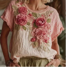 Top femme à manches courtes avec faux design Jacquard