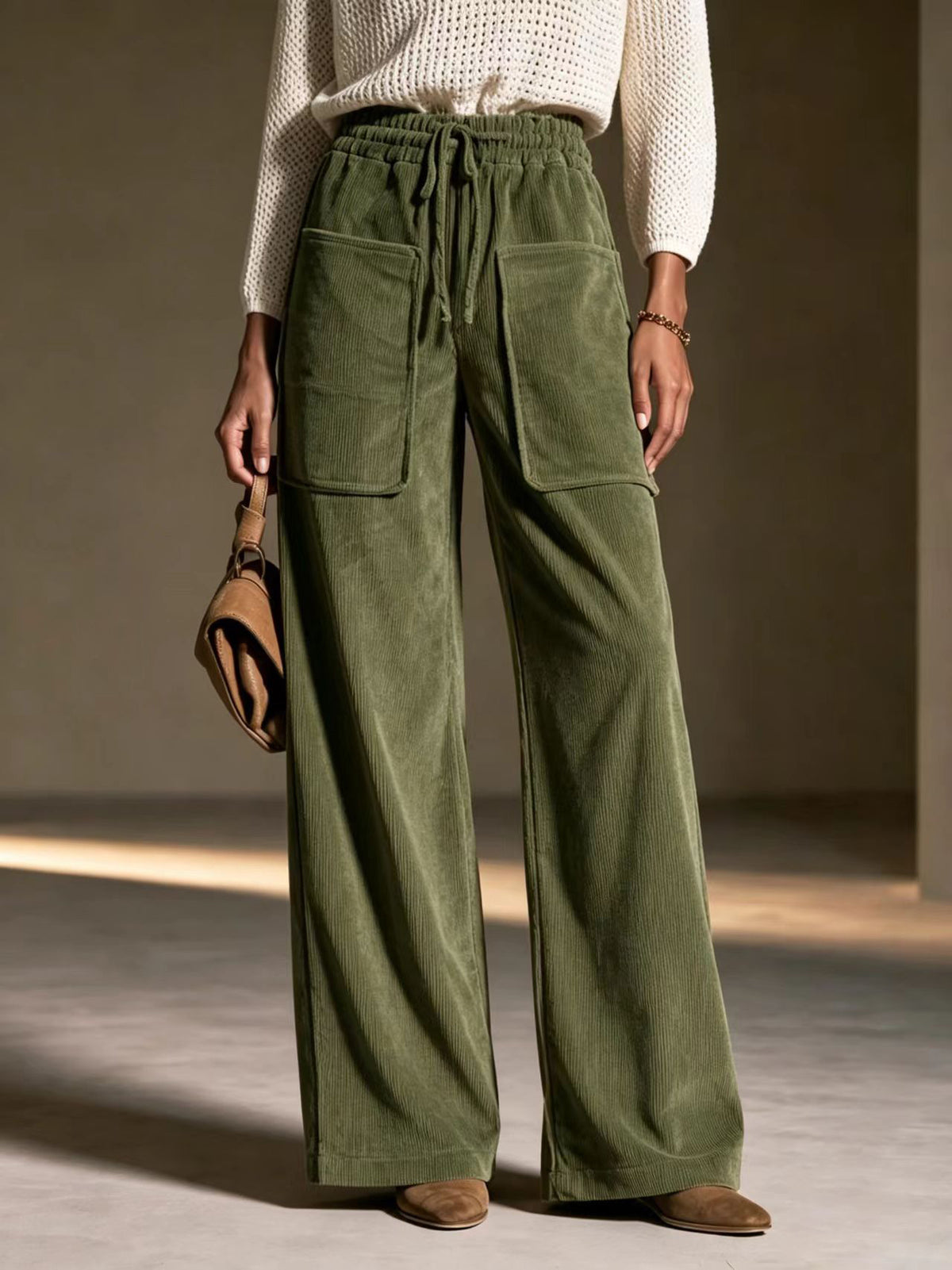 Pantalons à cordes haute taille pour femmes Corduroy