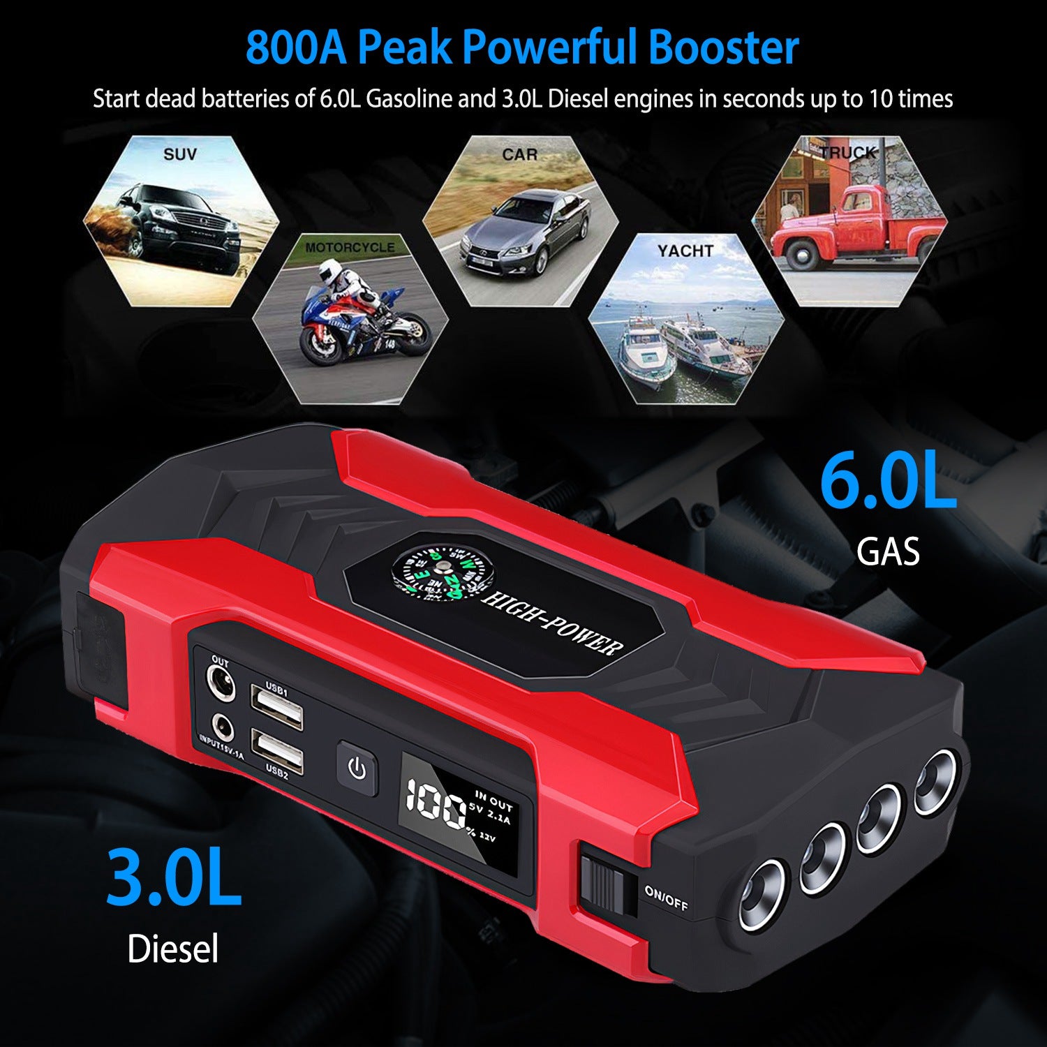 Auto Jump Starter Booster 800A Peak 28000mAh 12V Chargeur de batterie jusqu'à 6,0L Gaz ou 3,0L Die