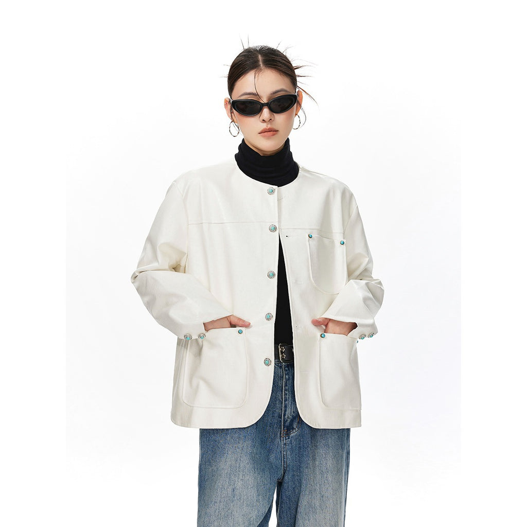Veste en cuir sans collier pour femmes