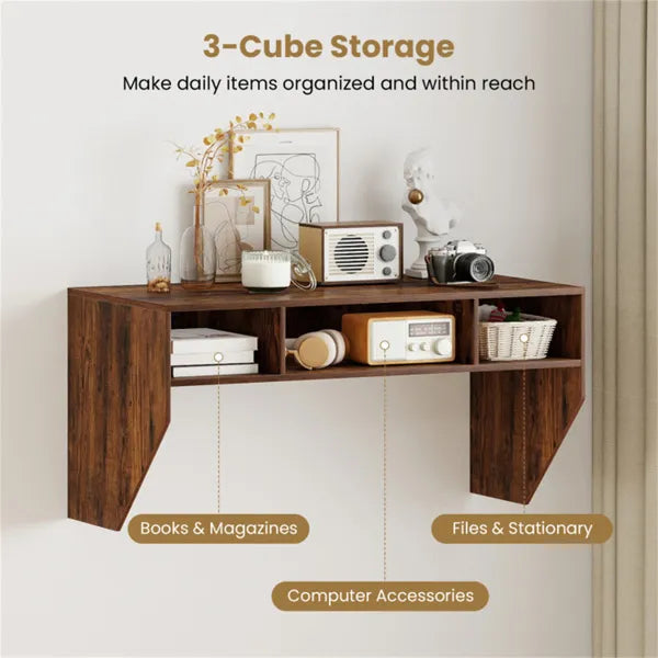 Rustic Brown bureau d'ordinateur flottant mural avec stockage 3-Cube