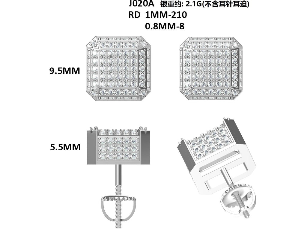 S925 Argent Sterling 218pcs D Couleur VVS1 Moissanite Boucles d'oreilles 3D Cube 2g Vis Hypoall