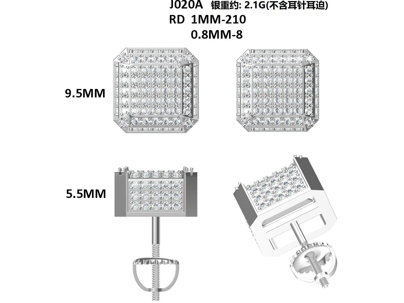 S925 Argent Sterling 218pcs D Couleur VVS1 Moissanite Boucles d'oreilles 3D Cube 2g Vis Hypoall