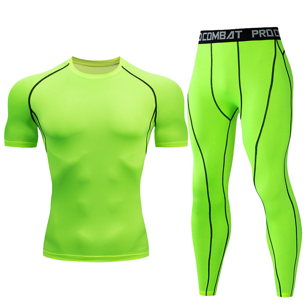 Hommes 2Pcs Fluorescent Green Compression Set Quick Dry Short Sleeve Tight chemise longue legging