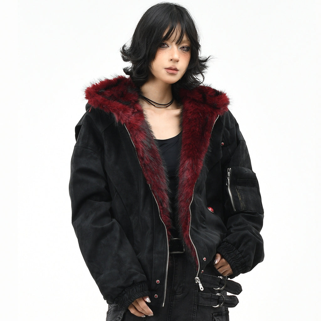Mountain Carving Red Fur Collar Vintage PU en cuir polaire manteau chaud