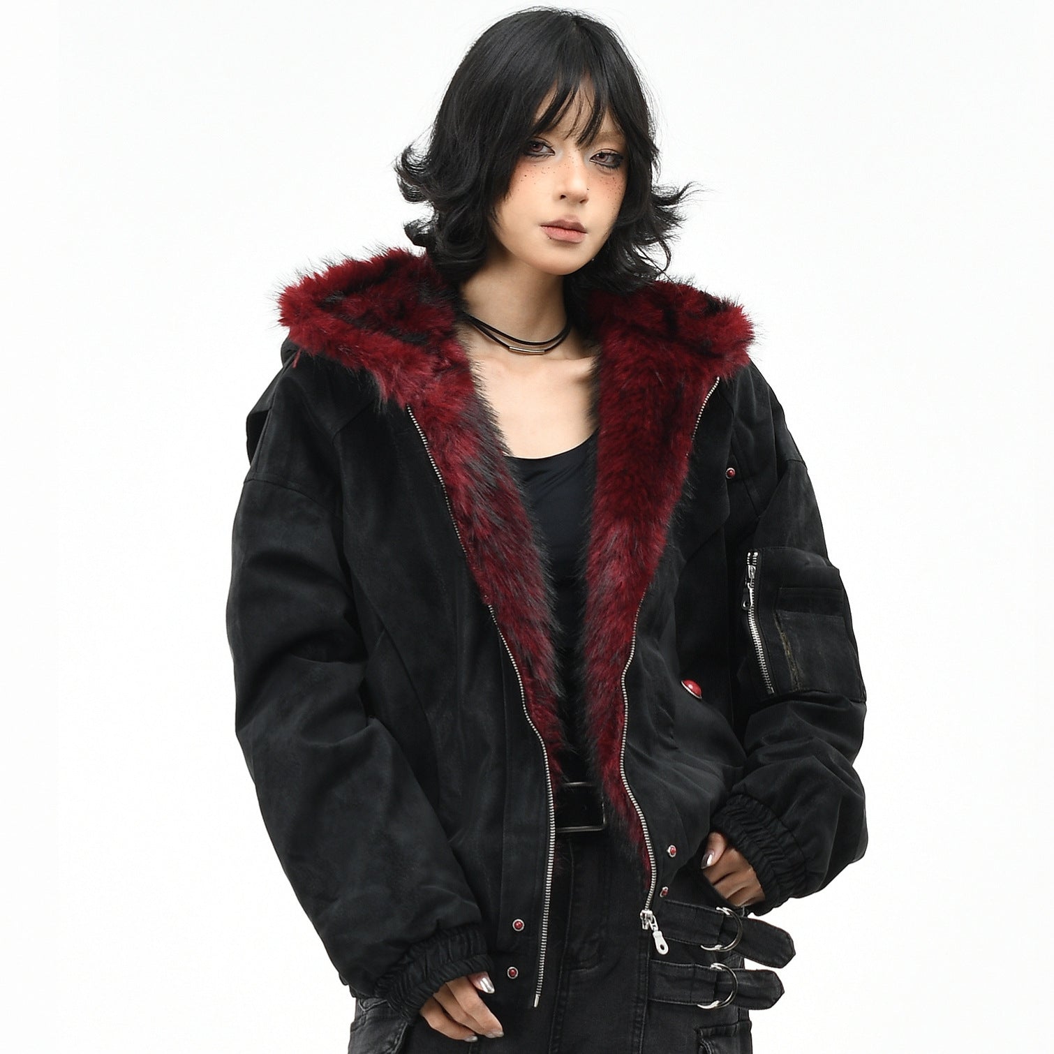Mountain Carving Red Fur Collar Vintage PU en cuir polaire manteau chaud