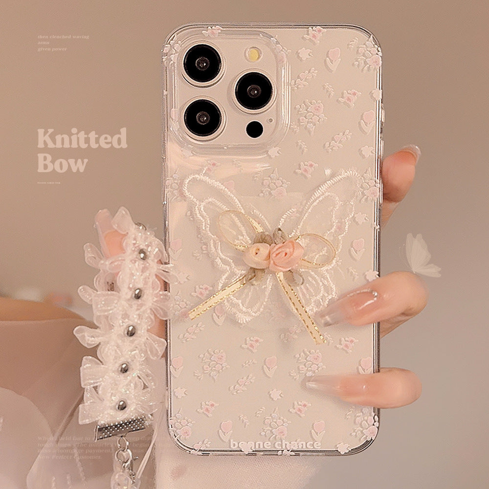Aesthetic Embroidered Flower Phone Case with Transparent Lace Pendant