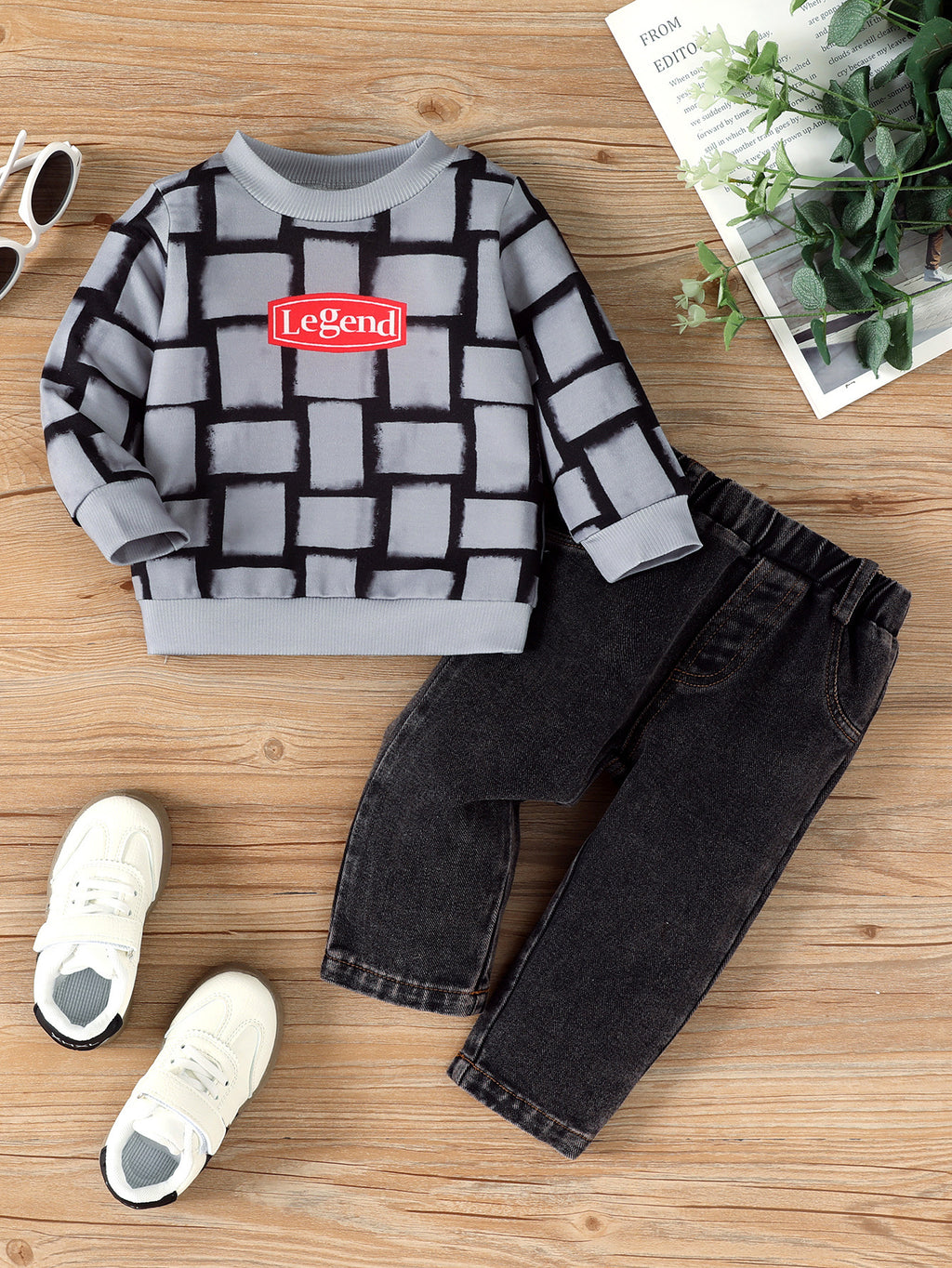 Letter-Print Personnalised Long-Sleeve Top and Pantalons Set pour bébés garçons
