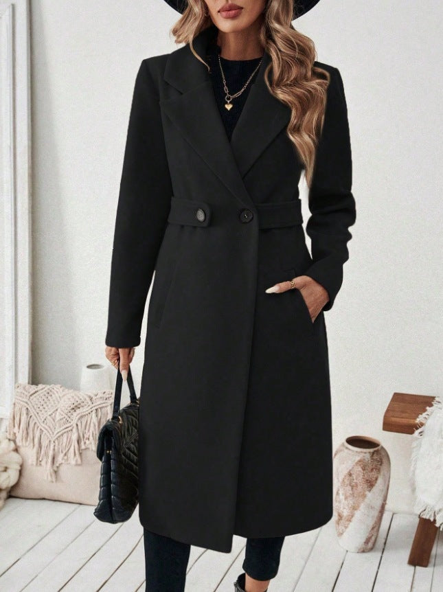 Manteau en laine de couleur unie pour femmes avec un motif Lapel et double-bras