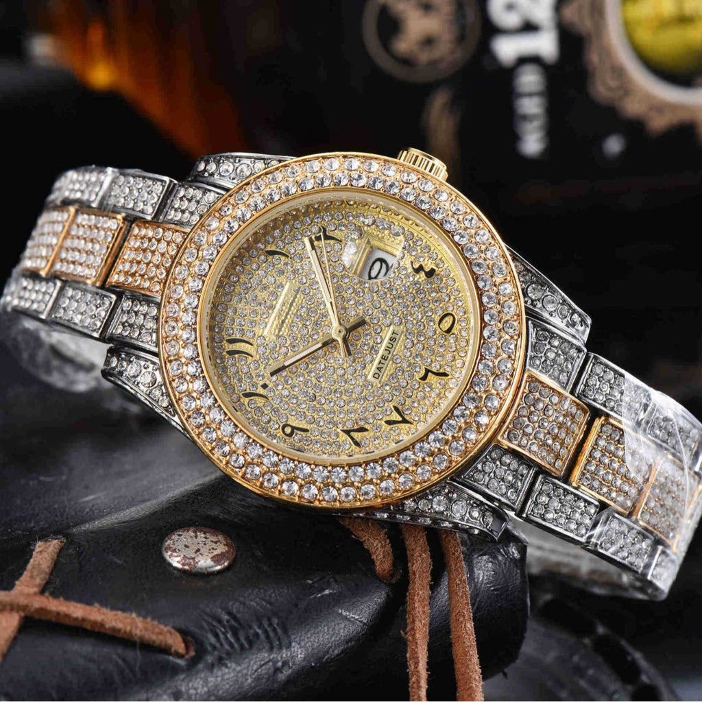 Montre Quartz en acier inoxydable tout diamant pour hommes