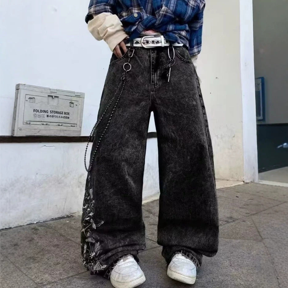 Pantalons de denim à jambes larges brodés à haute hauteur