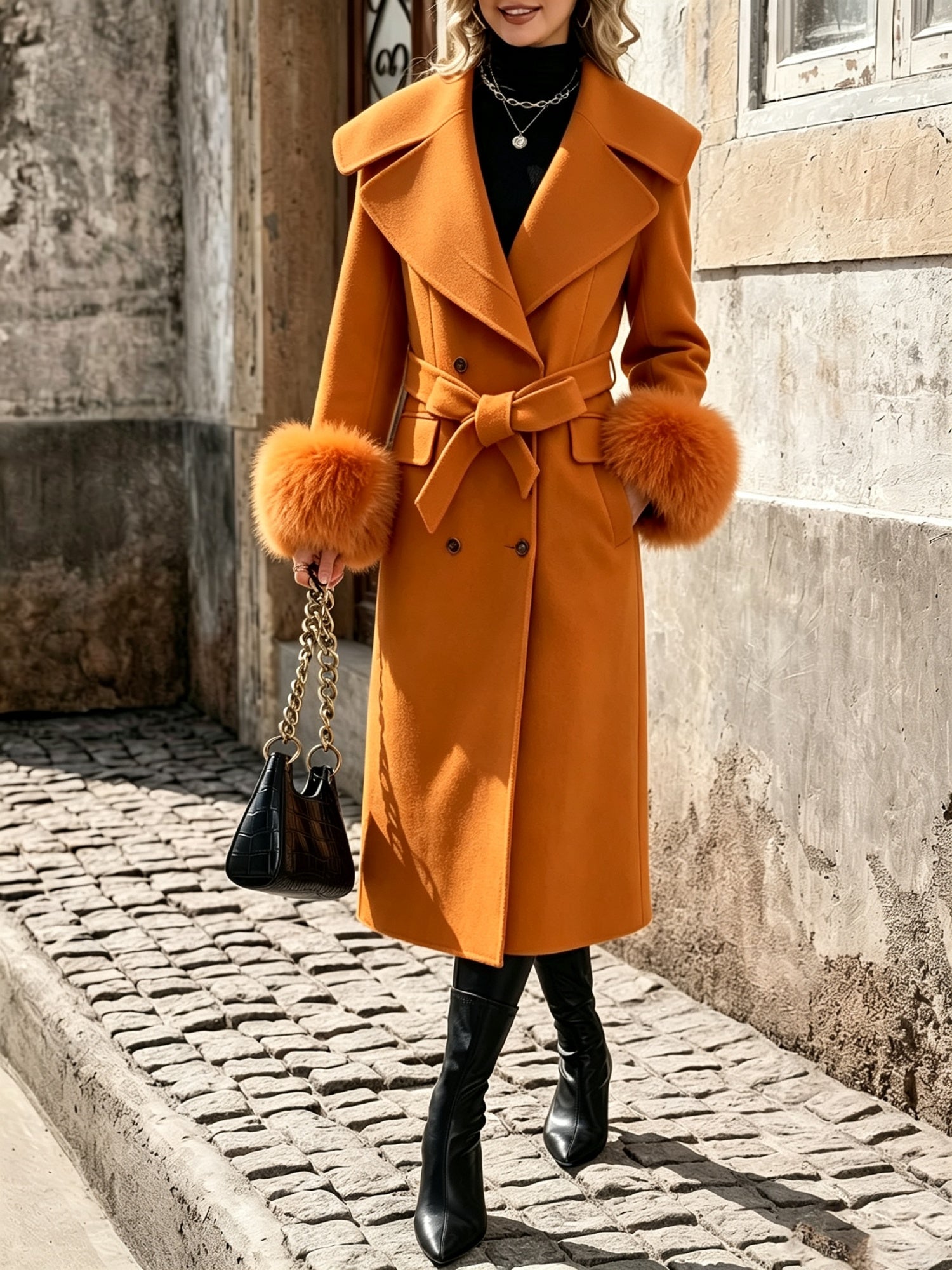 Femmes Ceinturées longue laine manteau de fourrure amovible