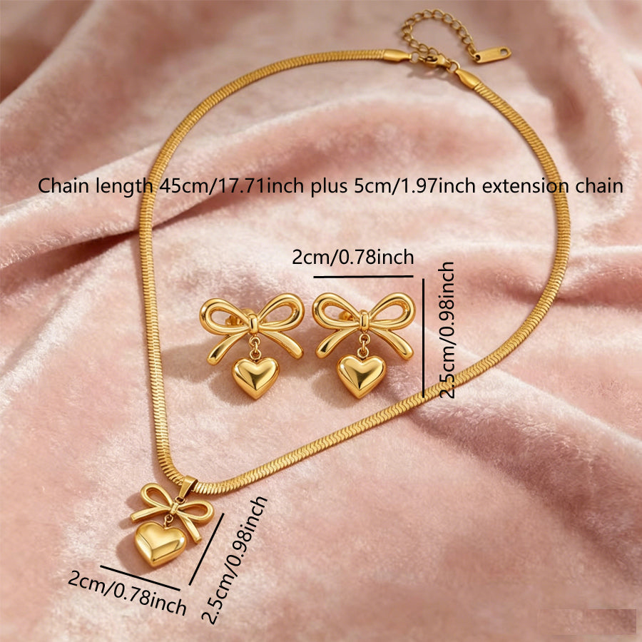 Femmes Bowknot 3D Puffy coeur bijoux Set Snake chaîne collier et boucles d'oreilles Stud 2Pcs Gold Si