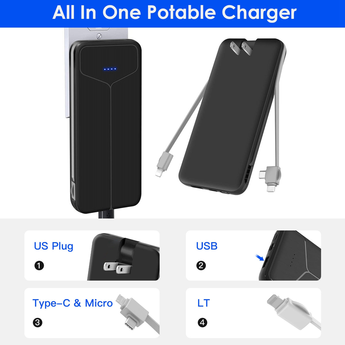 Chargeur portable 10000mAh Power Bank avec prise américaine 2 câbles intégrés Batterie externe