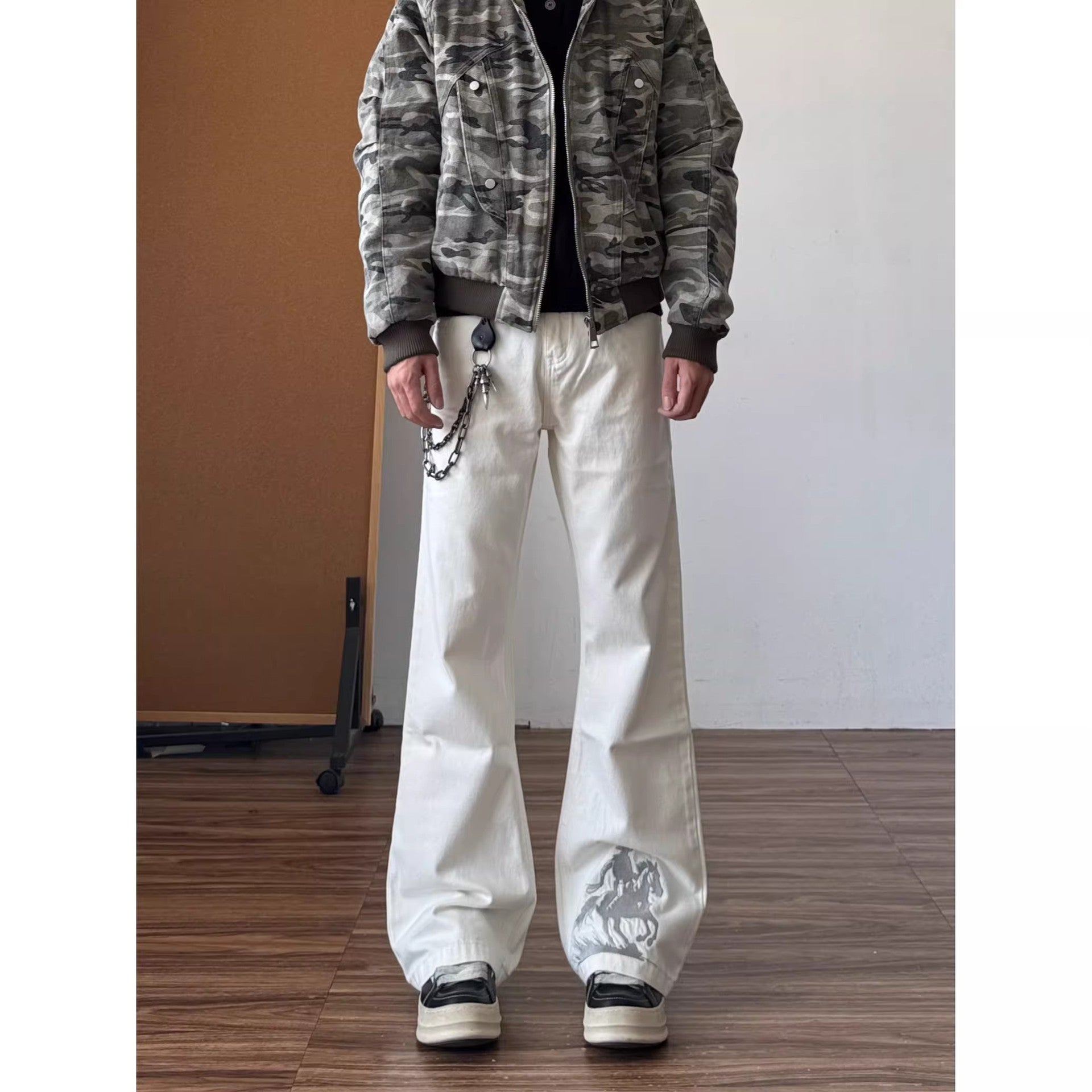 Jeans vintage de style américain brodés blanc pour hommes