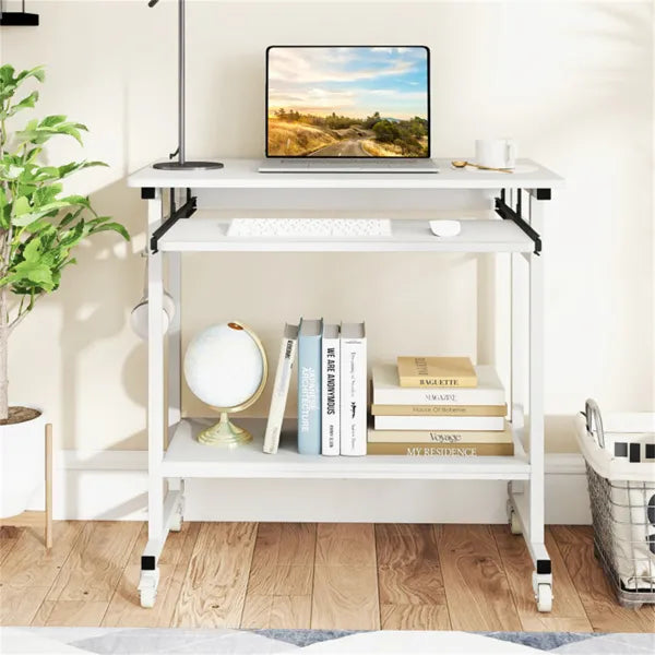 Bureau d'ordinateur mobile blanc avec plateau à clavier et plateau de stockage