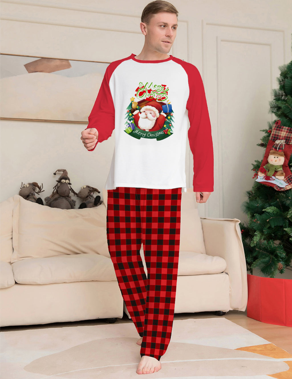 Ensemble de vêtements parents-enfants de Noël manches longues T-Shirt Plaid Pantalons de famille