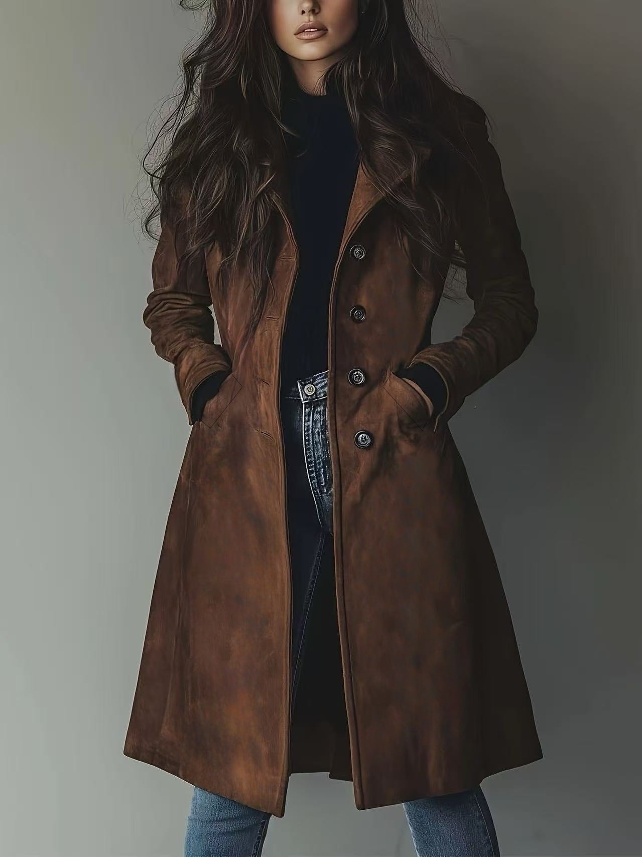 European American Style Women's Fall Winter Lapel Suede Mid-Length Trench Coat