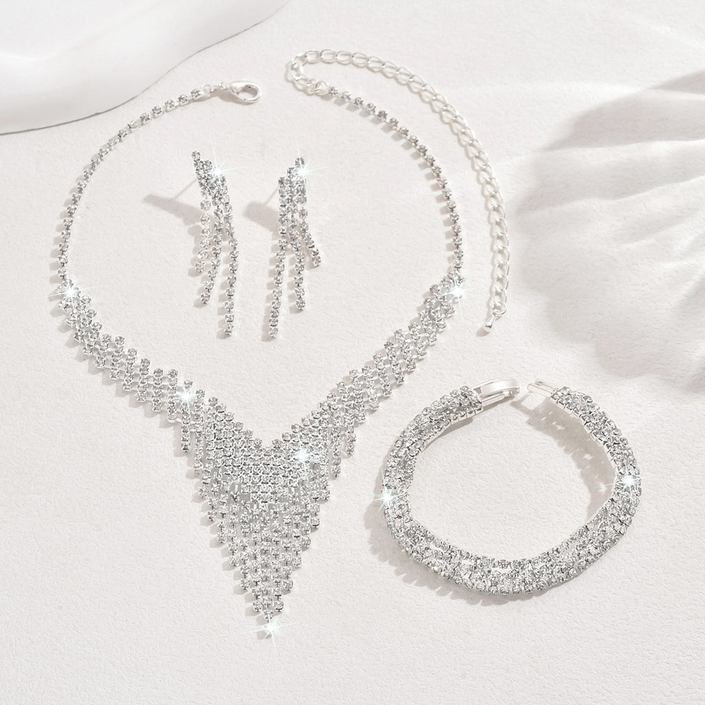 Boucles d'oreilles Super Shiny Full Diamond Claw Chain Tassel Geometric Collier Bracelet Juif mariée