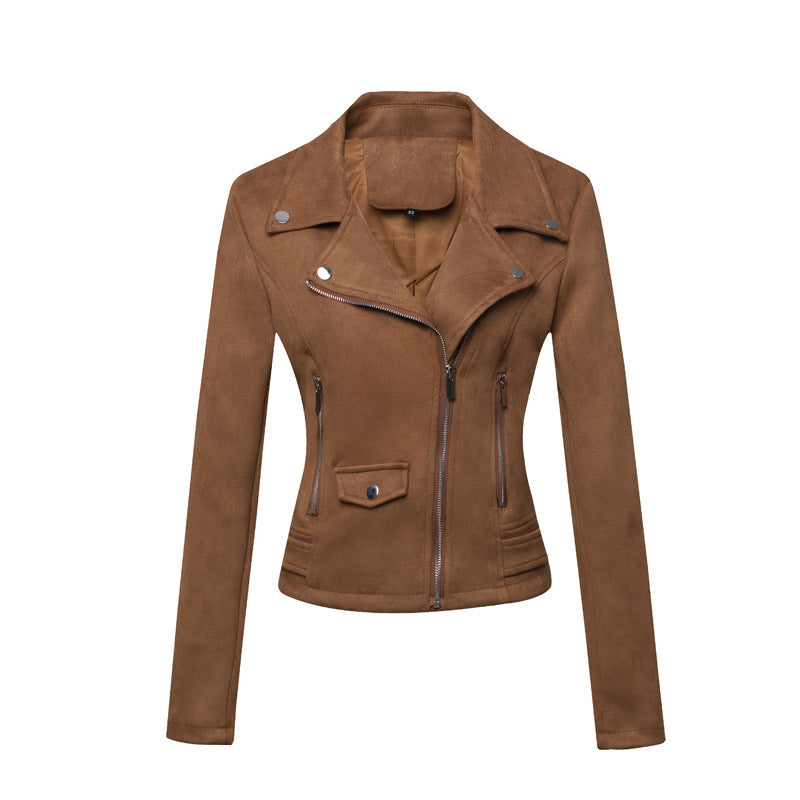 Veste en cuir pour femmes style court Slim-Fit Suede Veste en cuir Velours pour la navette