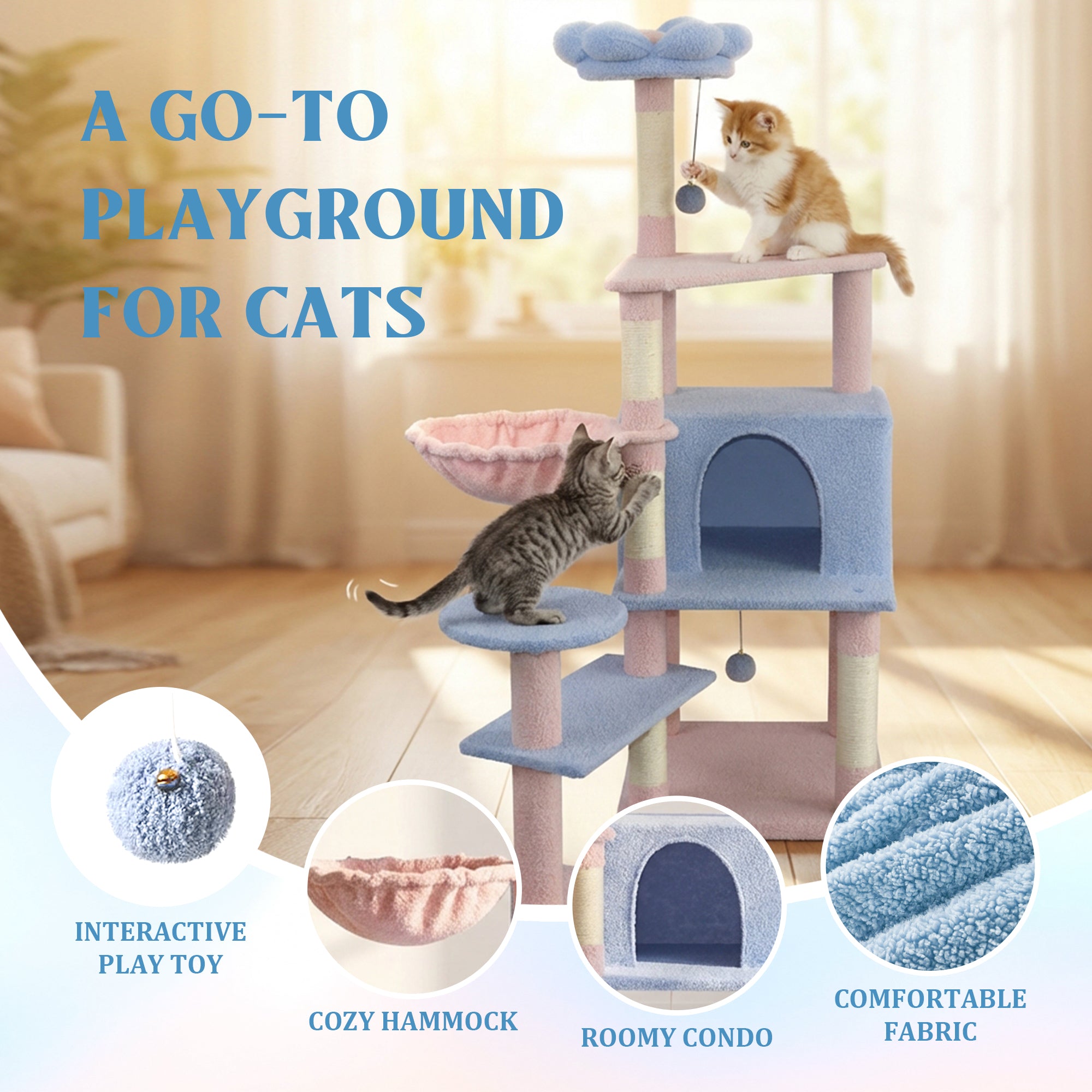 Arbre de chat fleur avec grand condo coussin de fleur amovible et hamac bleu