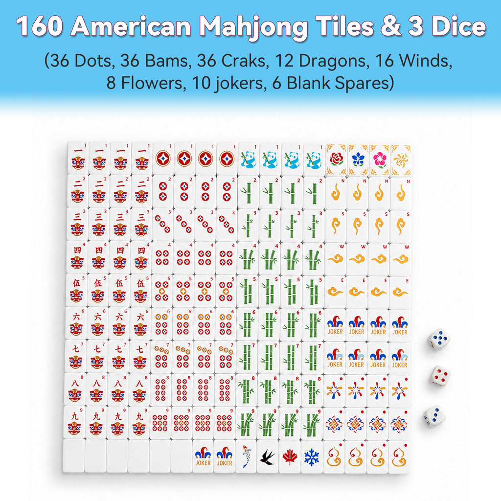160PCS Floating Mahjong Tile Set Blue Classic Style avec 3 dés