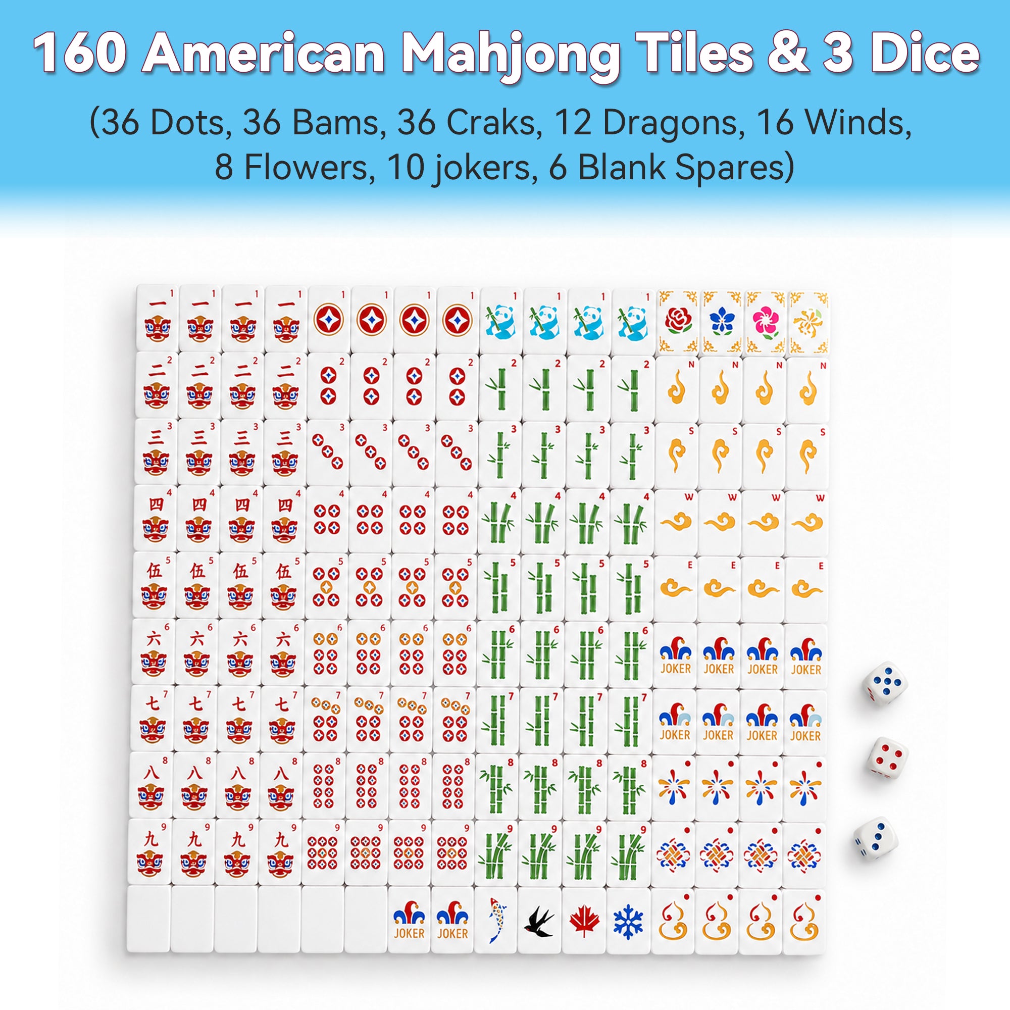 160PCS Floating Mahjong Tile Set Blue Classic Style avec 3 dés