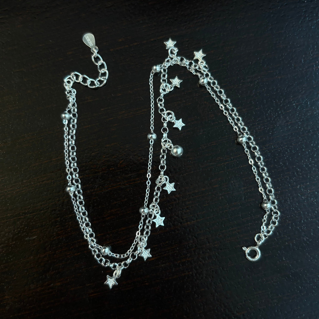1pc 999 Argent Sterling Double-Layer Star & Perle Anklet
