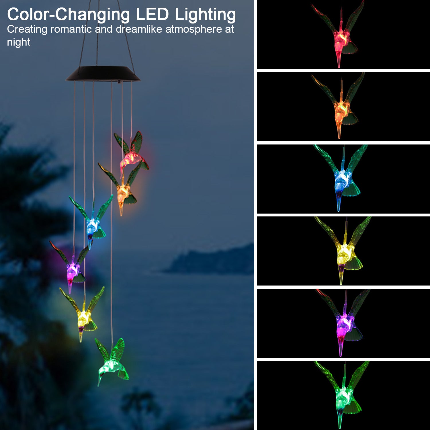 LED Solar Hummingbird Wind Chime for Spring Solar String Lights 6 LEDs Color-Changing IP65