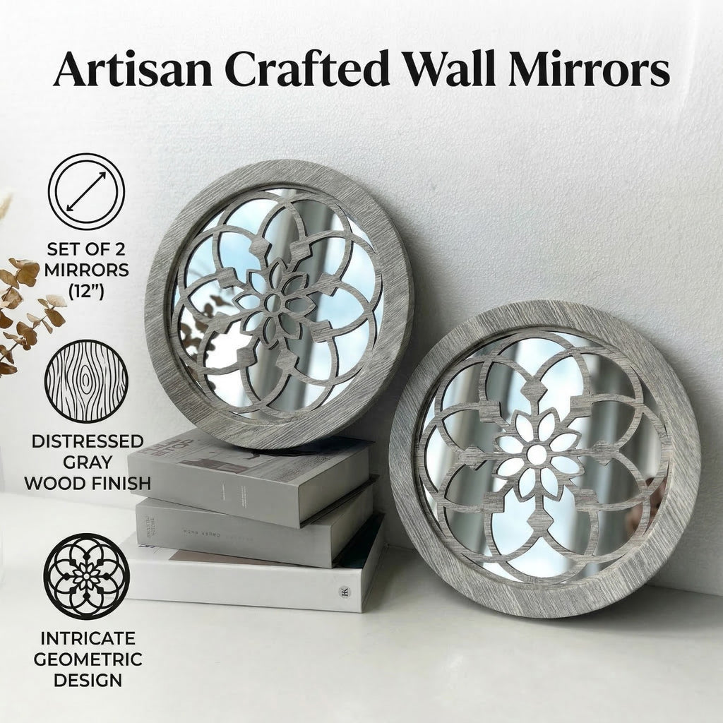 2 Pack Miroir mural en bois rond rustique
